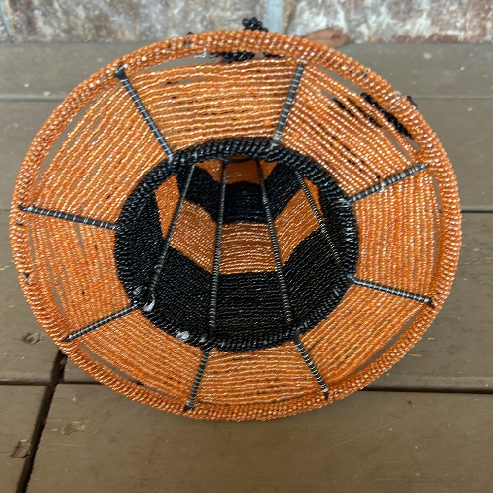 Beaded Halloween orange and black witch hat decor spider detail 15 in tall - Picture 7 of 10